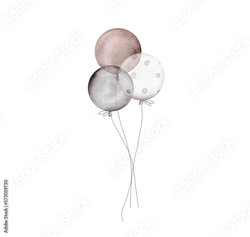 Watercolor yellow air balloons on white background. Birthday balloons for party invitation. Round inflatable balls of natural shades - white, beige, brown, grey, gold, silver, bronze, dot