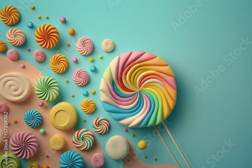 Sweet and bright minimalistic collage. Top view on Sweet swirl candy lollipop on solid color background with copy space. AI