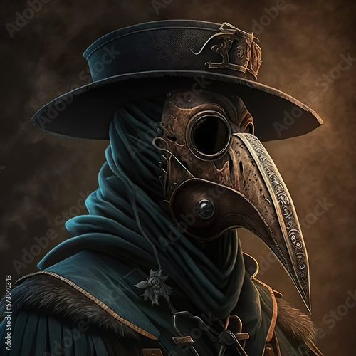 Plague mask, hat and costume of medieval doctor. Generative AI
