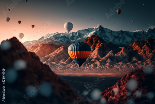 A landscape with mountains and flying balloons