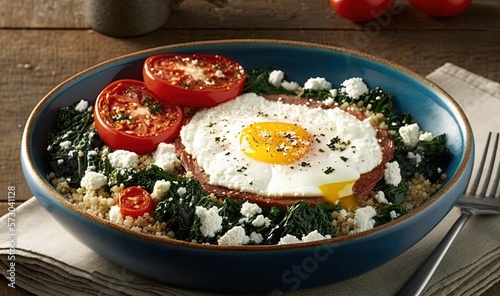  a blue bowl filled with eggs, tomatoes, and spinach.  generative ai