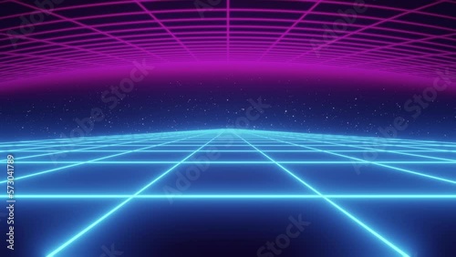 Synthwave animated Background. 80s wireframe Landscape. Retro Future Perspective Grid. Retrowave Style. Sci-fi Abstract Backdrop. 3d render. Seamless loop
