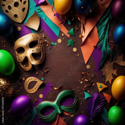 Mardi Gras background, colorful carnival or party background, balloons, streamers, and confetti on a colorful background with white space in the center of the image. Generative AI