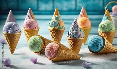  a group of ice cream cones filled with different flavors of ice cream.  generative ai