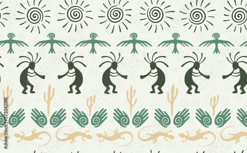 Принти на полотні Kokopelli with flute, pangolin, hawk, sun symbol, hands and plant tribal vector seamless pattern