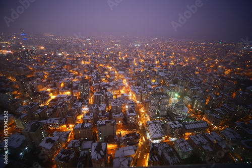 top view of Snow cityscape in istanbul at night 