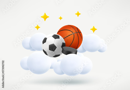Balls and puck in a sky. Sport games concept. 3d vector illustration