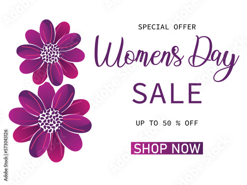 Women's day sale poster. Banner for international holiday seasonal discount store. March 8 design template from two violet flowers on white background. Vector illustration.