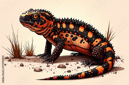 White background with a gila monster and a toxic heloderma suspectum Generative AI photo