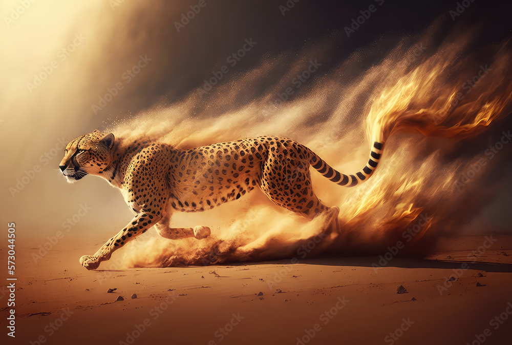 Cheetah runs through desert in fire and dust, sand and smoke, the fastest animal. Generative AI - obrazy, fototapety, plakaty 