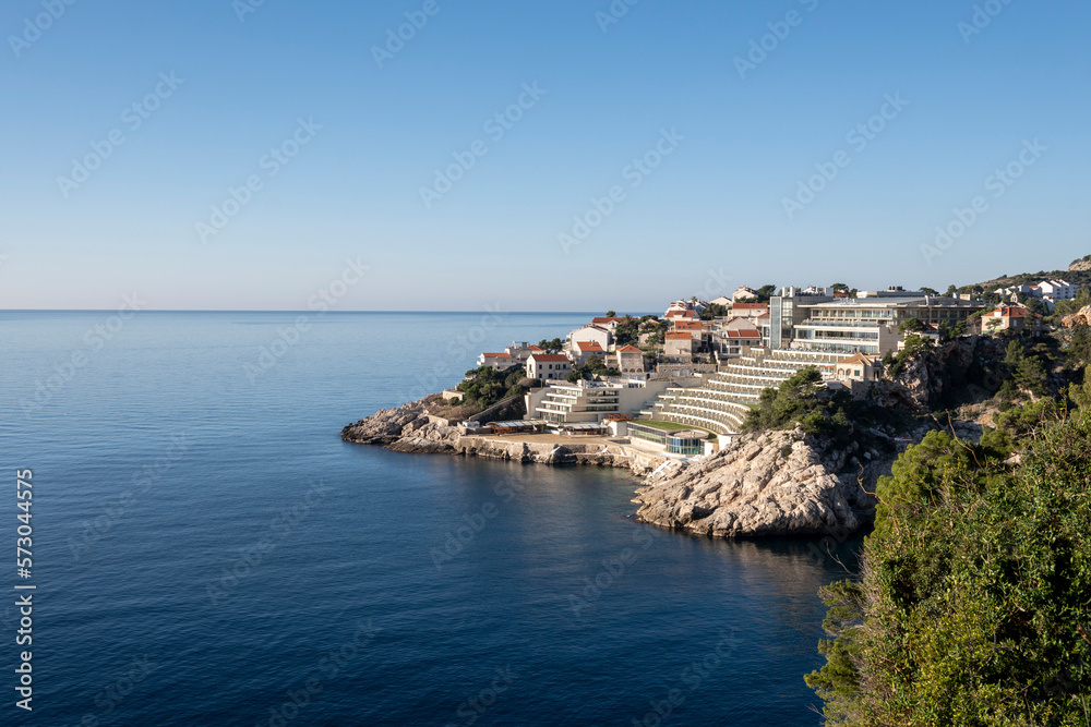 Famous Libertas hotel on the rocky shore of Dubrovnik, one of the most known croatian architecture landmarks