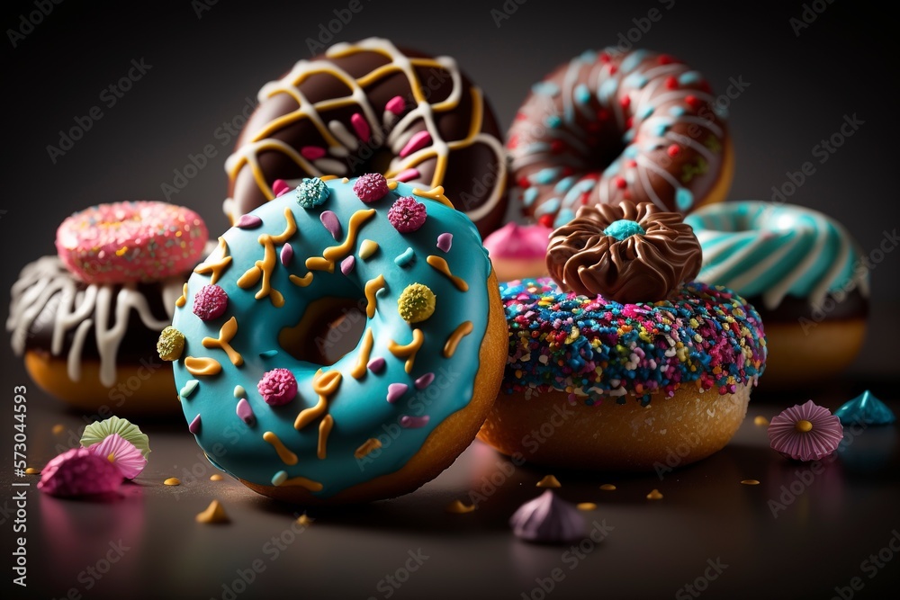 Colorful Donuts on dark background, Generative Ai