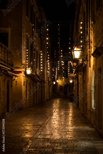  Empty Dubrovnik city streets during winter, decorated in christmas lights