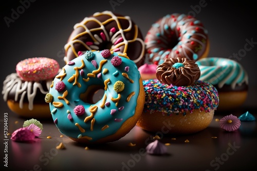 Colorful Donuts on dark background, Generative Ai