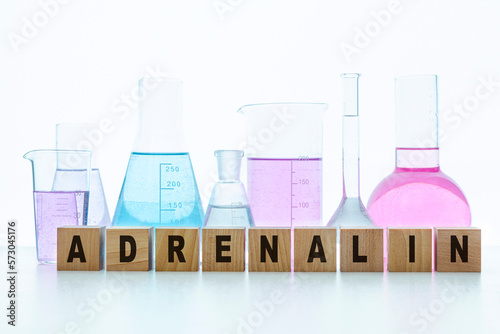 The word adrenaline is written on the cubes. In the background are flasks with multi-colored reagents on a white background. Education and medicine concept.
