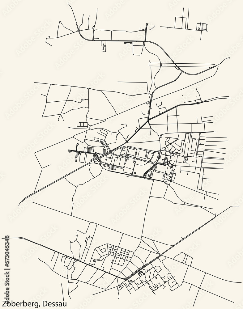 Detailed hand-drawn navigational urban street roads map of the ZOBERBERG BOROUGH of the German town of DESSAU, Germany with vivid road lines and name tag on solid background