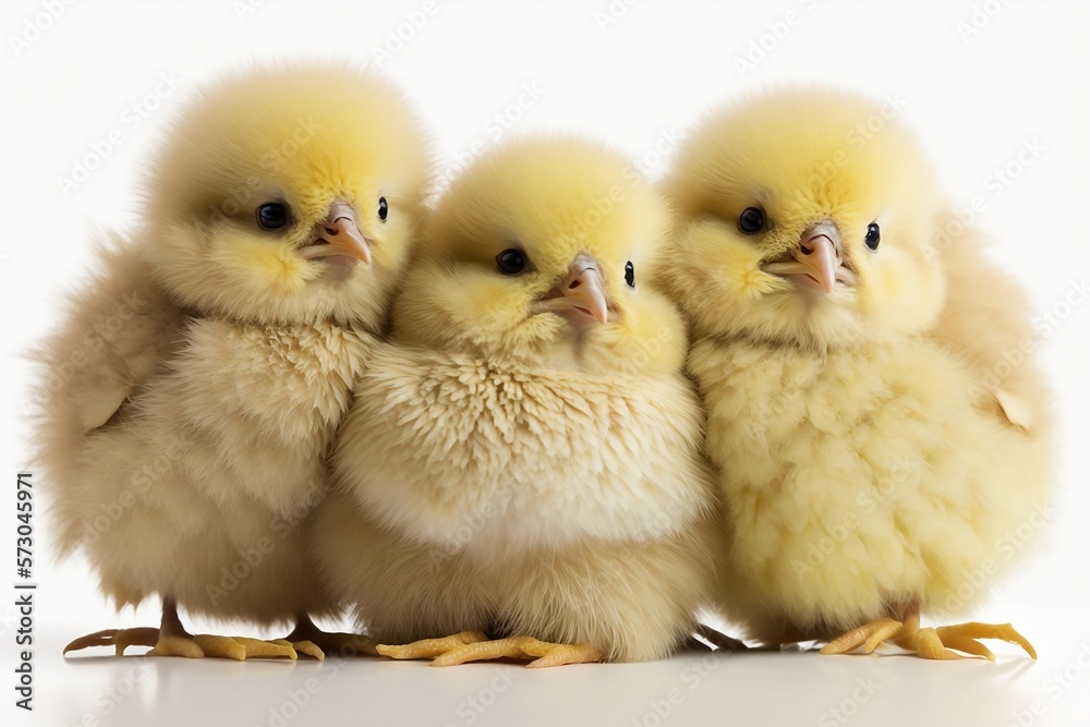 Three little chicks on a white background - Generative AI	
