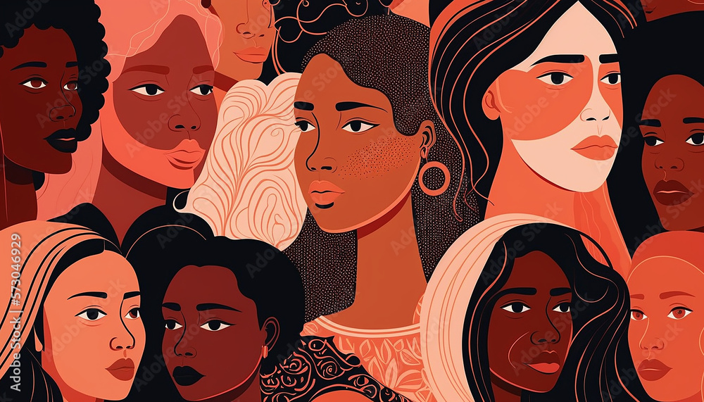Generative AI Female diverse faces of different ethnicity poster. Women empowerment movement pattern. International women´s day Generative AI Female diverse faces of different ethnicity poster. Women empowerment movement pattern. International women´s day