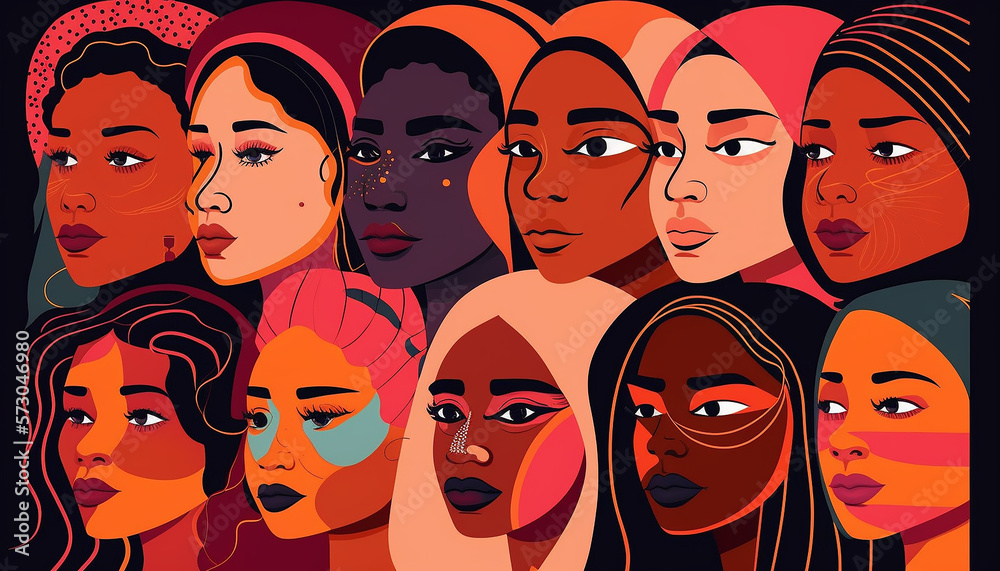 Generative AI Female diverse faces of different ethnicity poster. Women empowerment movement pattern. International women´s day Generative AI Female diverse faces of different ethnicity poster. Women empowerment movement pattern. International women´s day