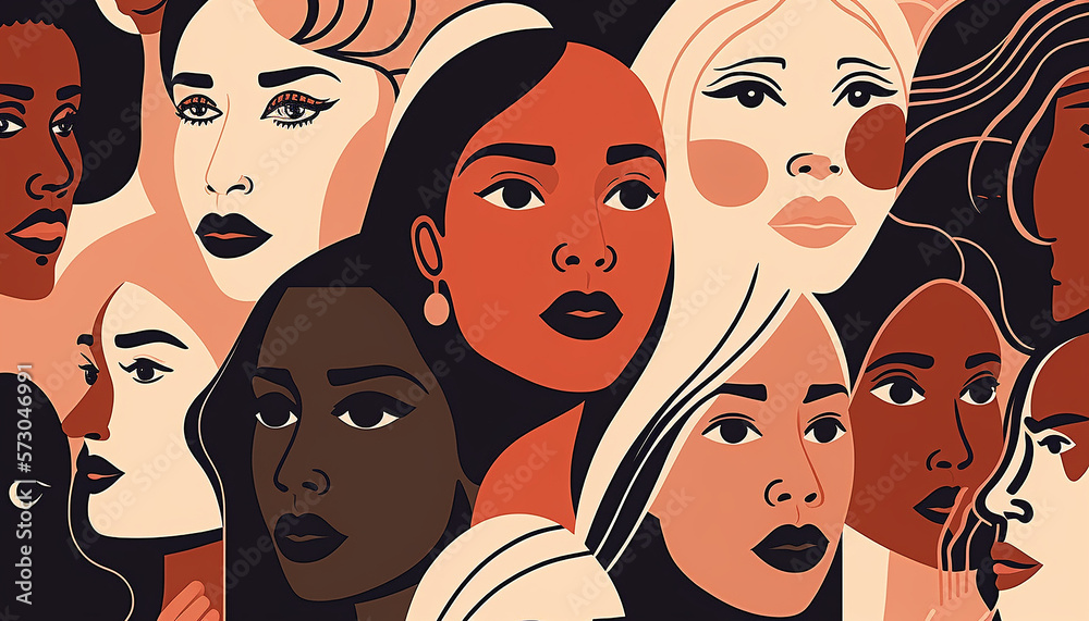 Generative AI Female diverse faces of different ethnicity poster. Women empowerment movement pattern. International women´s day Generative AI Female diverse faces of different ethnicity poster. Women empowerment movement pattern. International women´s day