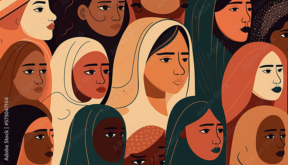 Generative AI Female diverse faces of different ethnicity poster. Women empowerment movement pattern. International women´s day Generative AI Female diverse faces of different ethnicity poster. Women empowerment movement pattern. International women´s day