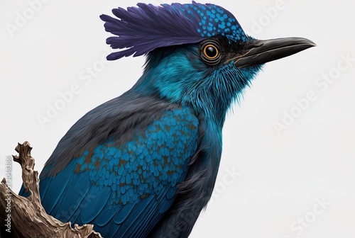 The blue cyanocorax yucatanicus, an unusual bird, peers down from a branch in this close-up. Generative AI photo