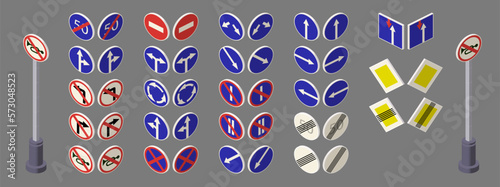 A set of road signs on a gray background, horizontal, isometric style for printing and design. Vector illustration.