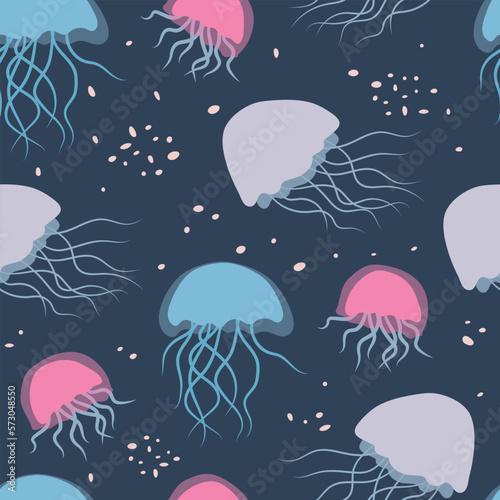 Jellyfish cute seamless pattern, underwater life pastel tones background