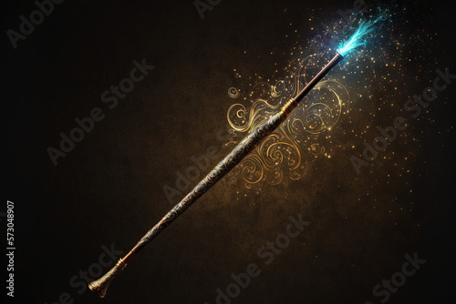 The product shot of a Magic wand with a bright blue light on its tip isolated on a dark brown background