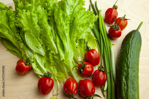 Salad leaves and tomatoes and green onion and cucumber, top view. Background from fresh vegetable for salad for poster, calendar, post, screensaver, wallpaper, cover, website. High quality photo