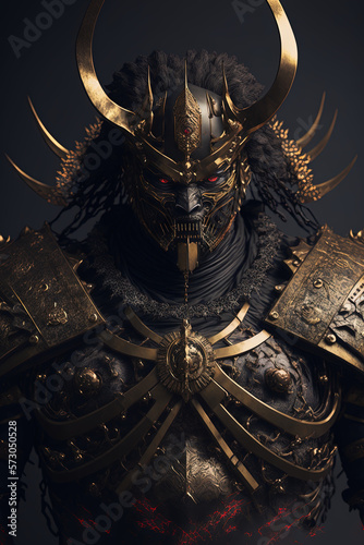Black and gold samurai with glowing eyes looking like a villain isolated on a dark black background, samurai revenge