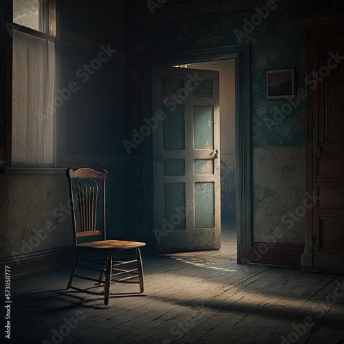  a wooden chair sitting in a dark room next to a doorway.  generative ai