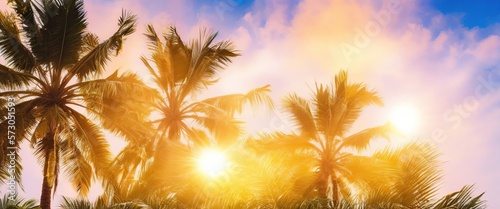 Calm and Serene: Palm Trees at Sunset on a Vintage Background - Generative AI