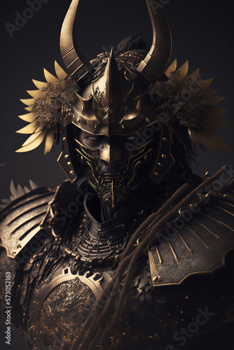 Black and gold samurai with glowing eyes looking like a villain isolated on a dark black background, samurai revenge