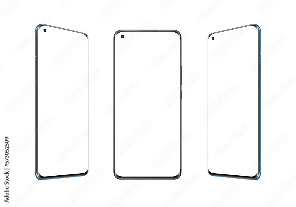 Phone isolated in three positions. Isolated display and background for app design presentation. Sleek screen with thin edges and camera built into display Phone isolated in three positions. Isolated display and background for app design presentation. Sleek screen with thin edges and camera built into display