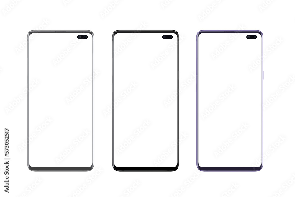 Three sleek smartphones, different colors, arranged in a row. Transparent display and background Three sleek smartphones, different colors, arranged in a row. Transparent display and background