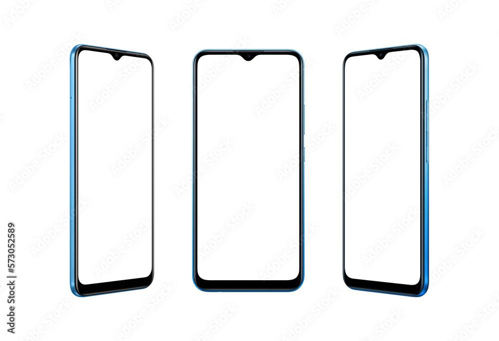 Isolated modern blue smart phone in three position. Thin edges with small built into display camera Isolated modern blue smart phone in three position. Thin edges with small built into display camera
