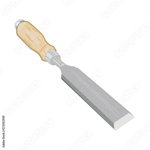 Chisel isolated on white background. Hand tool for carpenter. Woodworking chisel tool. Carpentry cutter or gouge instrument icon. Wood carving chisel equipment with wooden handle. Vector illustration