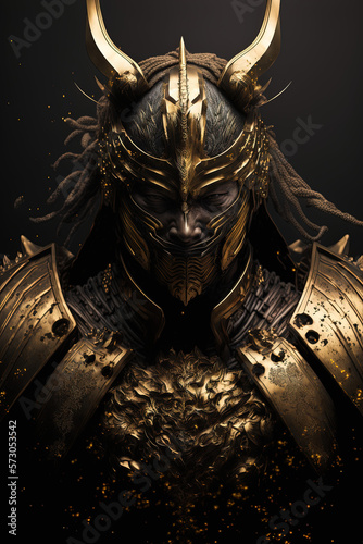 Black and gold samurai with glowing eyes looking like a villain isolated on a dark black background, samurai revenge