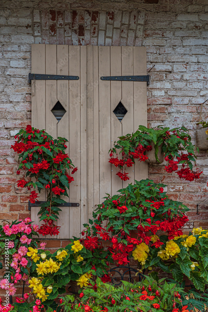 shutters of windows closed, pots of flowers with colored begons