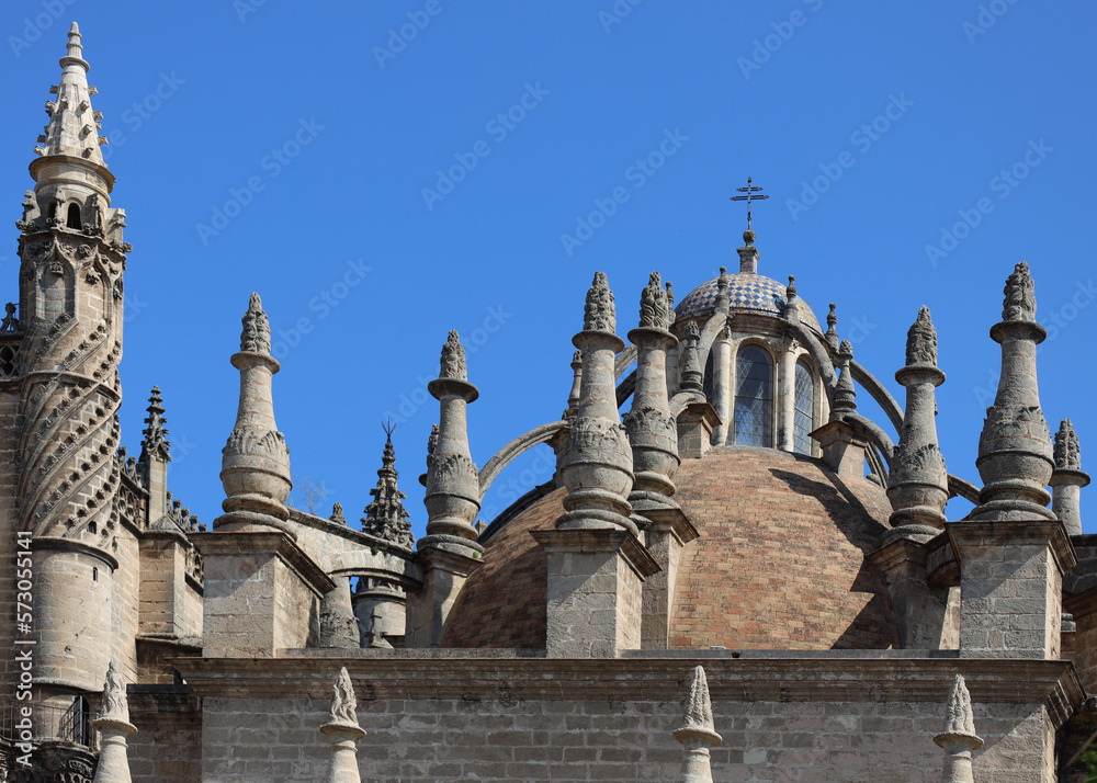 Ornaments on the roof of Cathedral of Saint Mary of the See in Sevilla