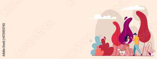 flat illustration, website header, girl and guy walking the dog