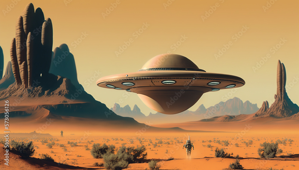 UFO, alien spaceship flying on mars, retro. UFO, alien spaceship flying on mars, retro.