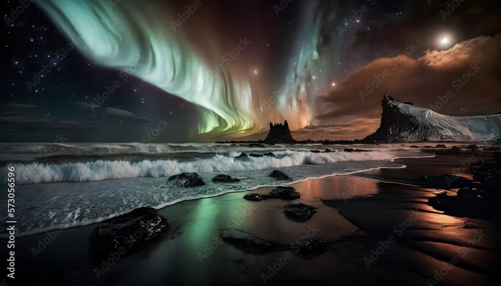 Auroras over black sand beaches of Iceland
