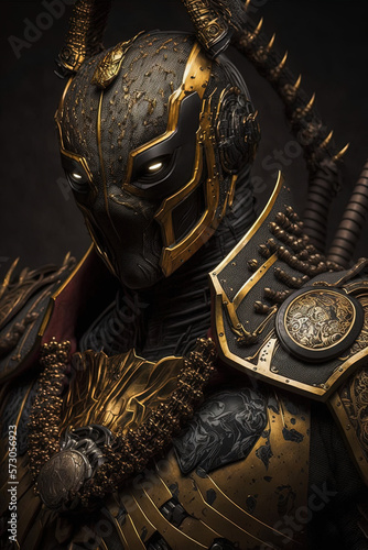 Black and gold samurai with glowing eyes looking like a villain isolated on a dark black background, samurai revenge