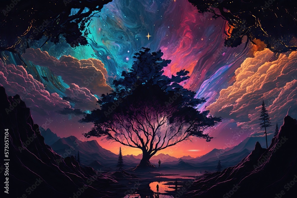 Fototapeta premium Different Galaxy Tree view With Huge Planets Wallpaper, Art, Galaxy, Colourful, Generative AI