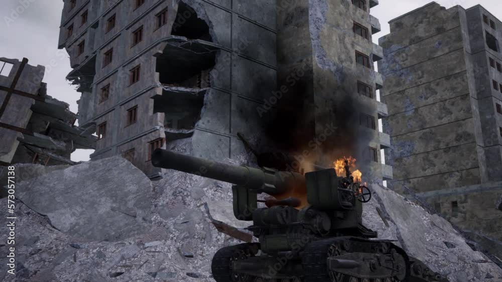 A howitzer artillery gun on fire in a war zone after being struck by a kamikaze drone.
