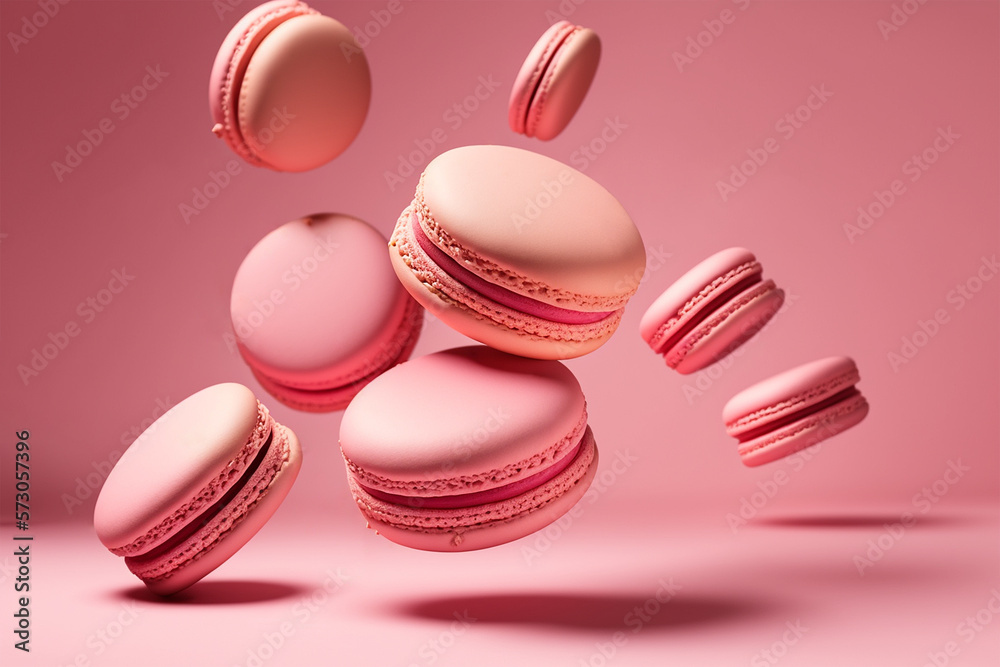 Pink macarons levitation on pink background. Generative AI Pink macarons levitation on pink background. Generative AI