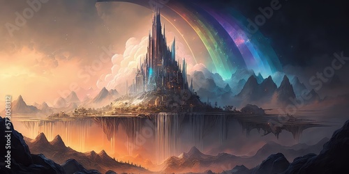 Fantasy Landscape with rainbow, generative AI 