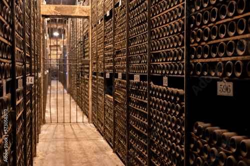 Old bottles of red rioja wine in cellars, wine making in La Rioja region, Spain